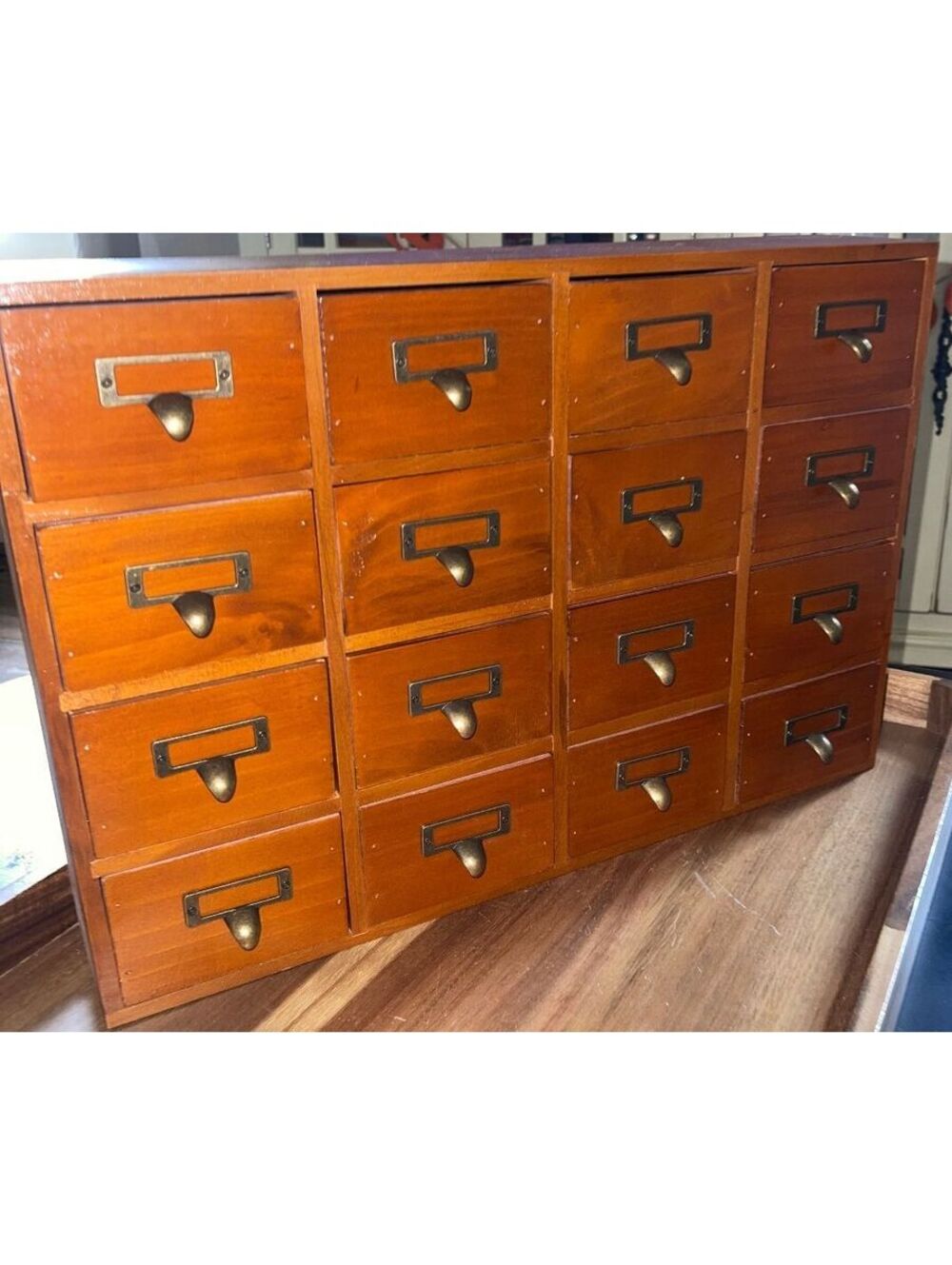 Vintage Wooden Apothecary Cabinet with 20 Drawers- Brass Pulls and Tag Slot